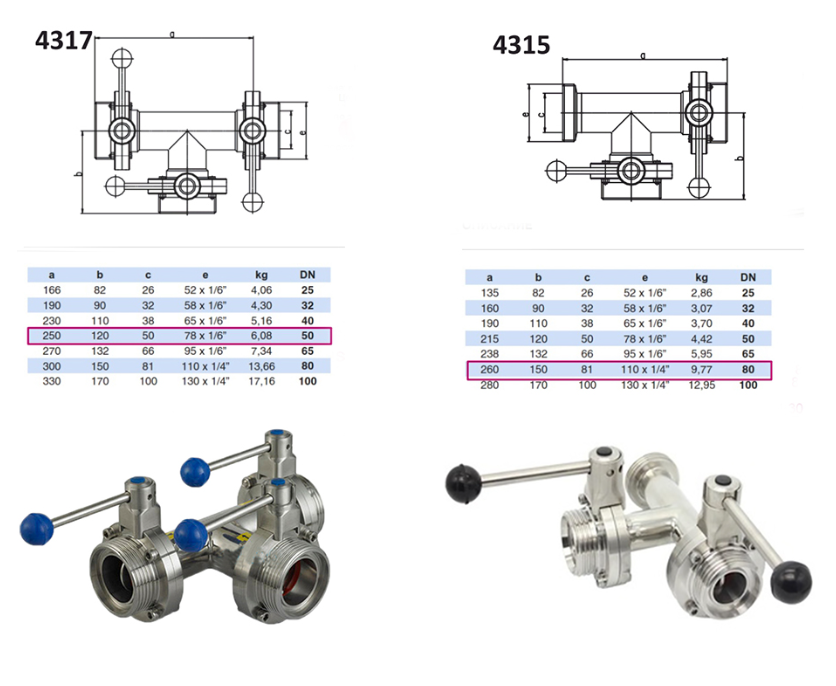 Sanitary Stainless Steel 3 Way Butterfly Valve size Sanitary Stainless Steel 3 Way Butterfly Valve size