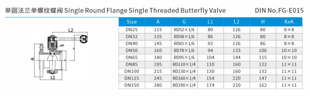 Single Round Flange Single Threaded Butterfly Valve DIN SIZE 