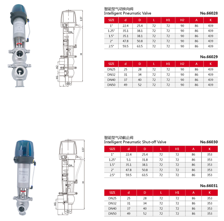 Drawing of stainless steel hygienic flow division diverter valves and sanitary cut-off valves. 2