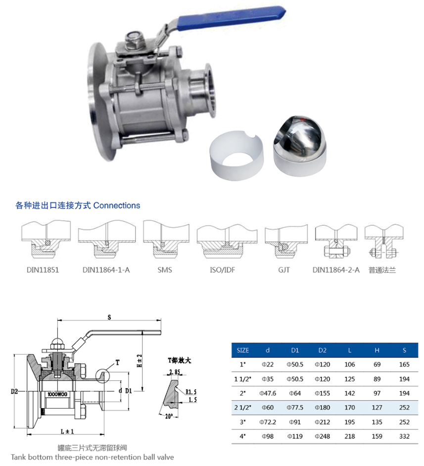 Sanitary Stainless Steel Clamped Three Pieces Tank Bottom Ball Valve1