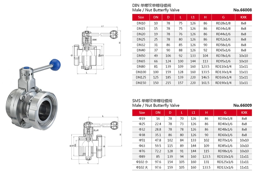 Stainless Steel Sanitary Male Threading Nut Butterfly Valves