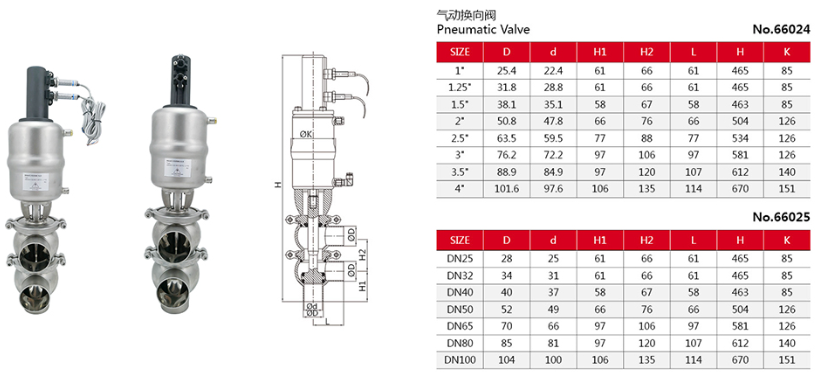 Drawing of stainless steel hygienic flow division diverter valves and sanitary cut-off valves1