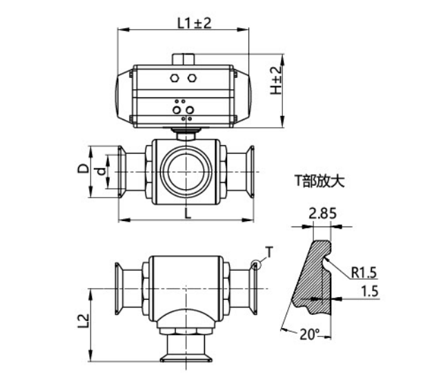 Size of Sanitary Pneumatic Three-way Ball Valve