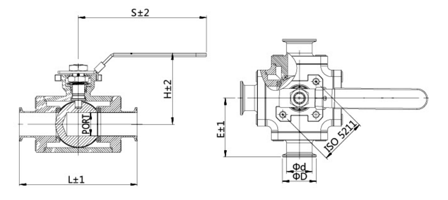 Square Three-way Ball Valve drawing