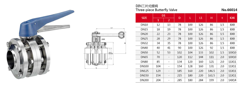 Sanitary Three-piece Manual Butterfly Valves With Gripper Handle size 1